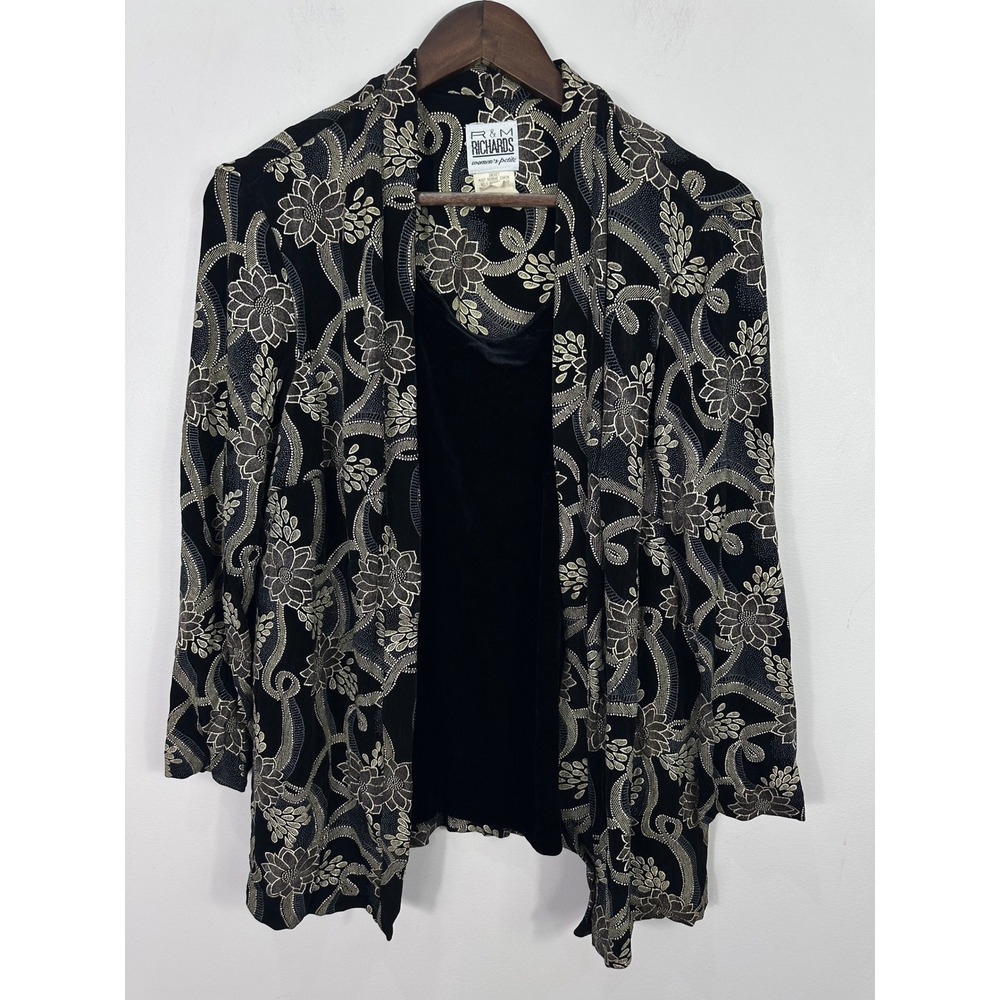R&M Richards Jacket & Top Set Womens 16WP Black‎ Gold Metallic Floral Vintage
